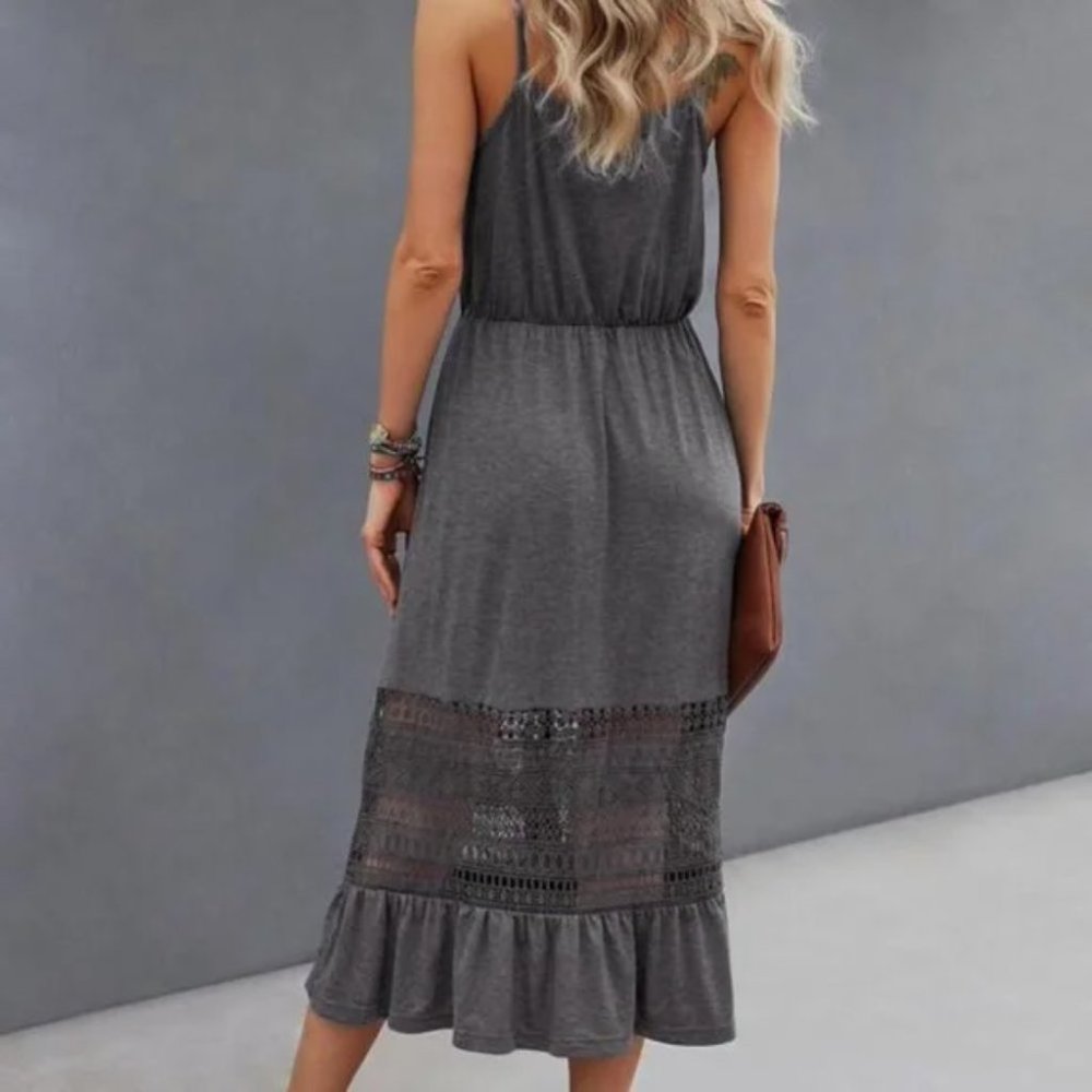 Gray Lace Buttons detail Ruffle Hem Cami Dress - Picture 4 of 6